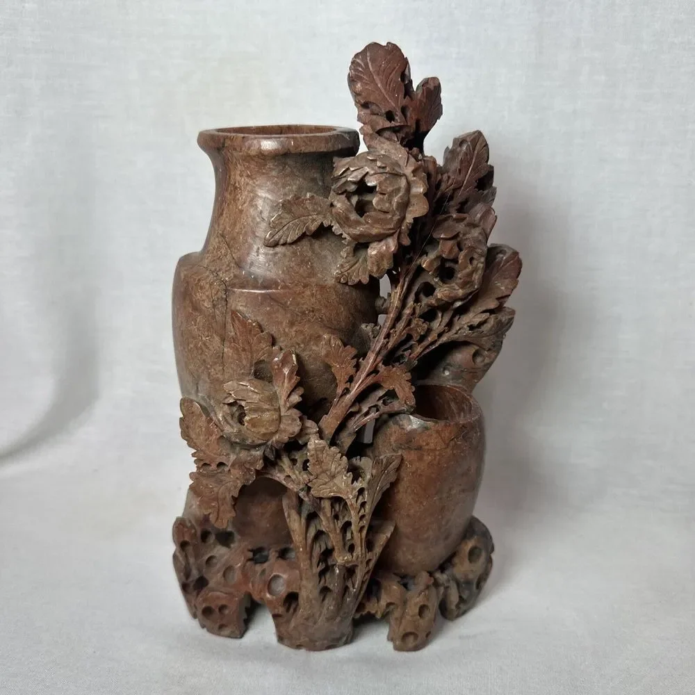Vintage ORIENTAL ASIAN SOAPSTONE Spilt Double Vase Figure Floral Statue‎